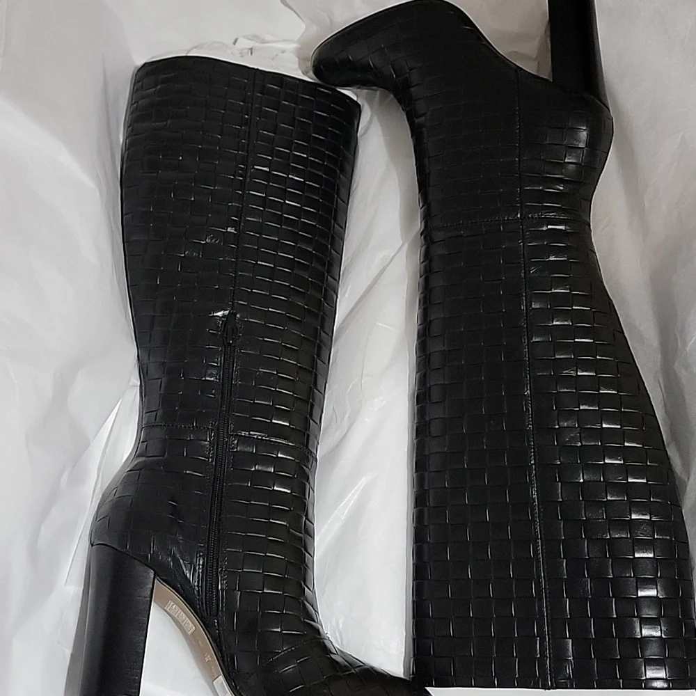 New Dune London Sonoma Black Woven Leather Knee High Boots